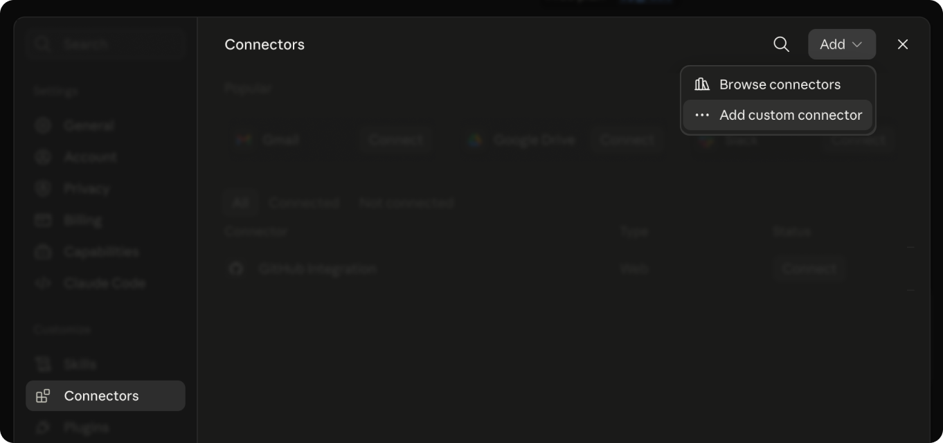 The Add menu in Claude’s Connectors settings, showing Add custom connector